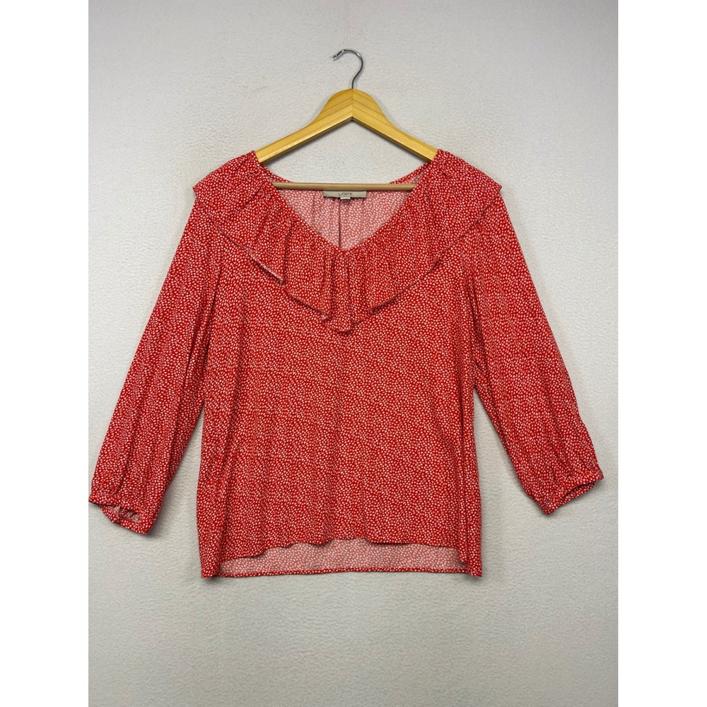 Cottagecore LOFT Women Small Red Heart Ruffle Romantic Feminine Office Blouse